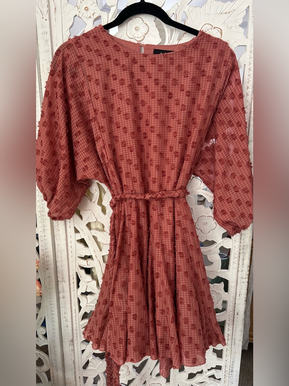 Aakaa Rust Textured Mini Dress with Braided Waist